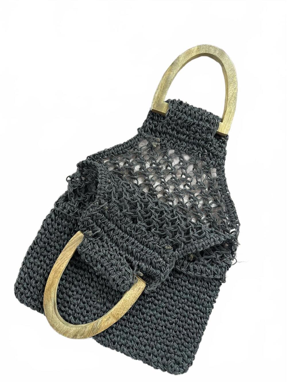 Handcrafted Gray Crochet Bag with Wooden Handles - Picture 4 of 6